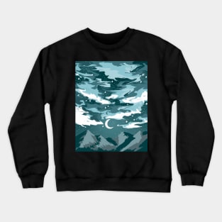 Teal cloudy sky above mountains with a crescent moon Crewneck Sweatshirt